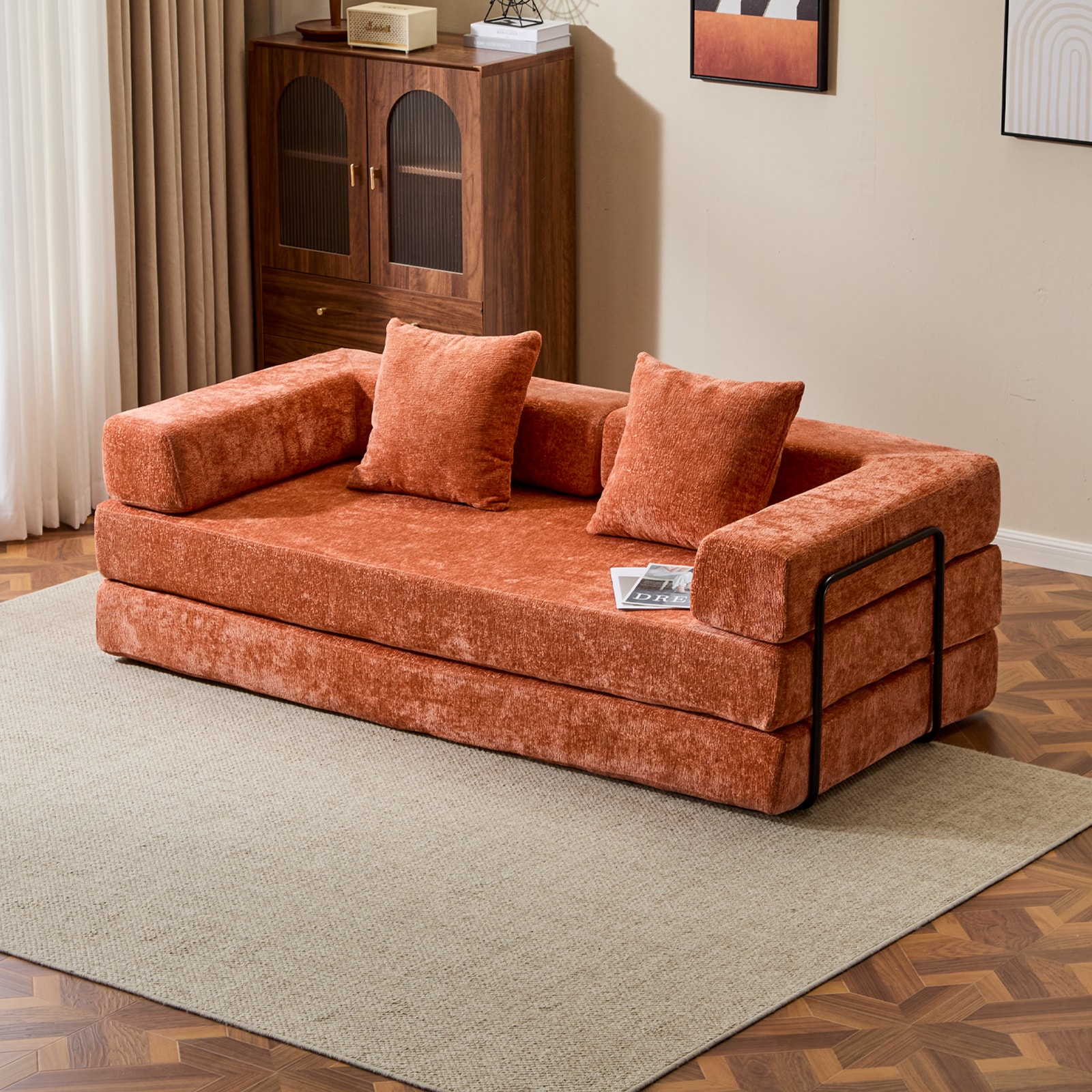 Floor Sofa Bed With Adjustable Backrest And Armrest Orange_voghion.com